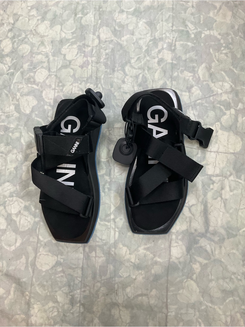 Ganni Black Strappy Platform Sandals with Subtle Blue Trim